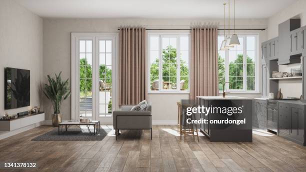 side view of open plan kitchen with living room and garden view from the window - pane stockfoto's en -beelden