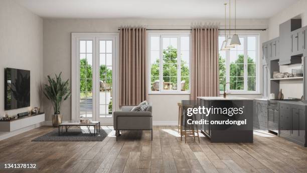 side view of open plan kitchen with living room and garden view from the window - kitchen doors stock pictures, royalty-free photos & images