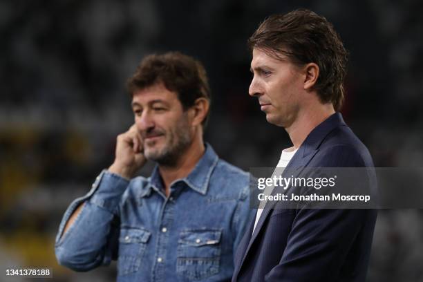 Former footballers Ciro Ferrara and Riccardo Montolivo, opinionist for DAZN pictured prior to the Serie A match between Juventus and AC Milan at...