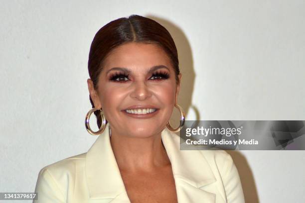 Itati Cantoral smiles during the press conference to present the play 'Sola en la Oscuridad' at Arroyo Restaurant on September 19, 2021 in Mexico...