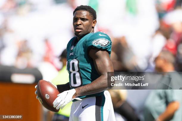 Jalen Reagor of the Philadelphia Eagles looks on against the San Francisco 49ers at Lincoln Financial Field on September 19, 2021 in Philadelphia,...