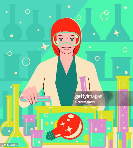 a smiling young female scientist or chemist is doing a scientific experiment and pouring liquid into a bottle with a big idea light bulb - vector crazy scientist stock illustrations