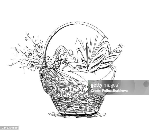 basket with food in hand drawn style. vector. - wine basket stock illustrations