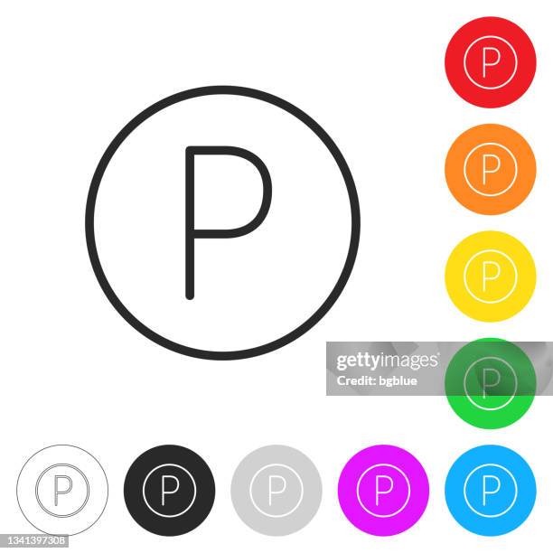 sound recording copyright. flat icons on buttons in different colors - letter p stock illustrations