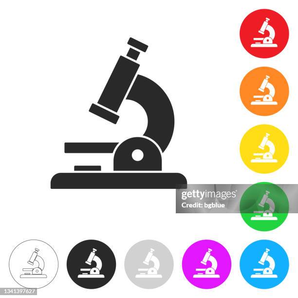 microscope. flat icons on buttons in different colors - microscope lens stock illustrations