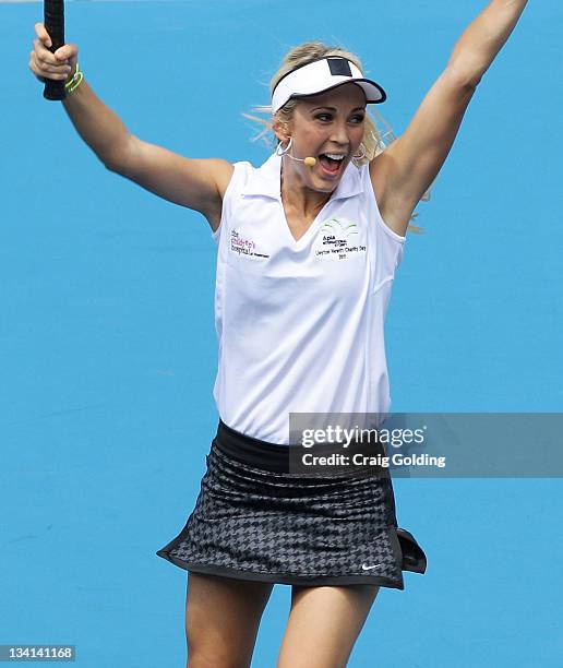 Bec Hewitt celebrates during the Apia International Sydney Lleyton Hewitt Charity Day at Sydney Olympic Park Tennis Centre on November 27, 2011 in...