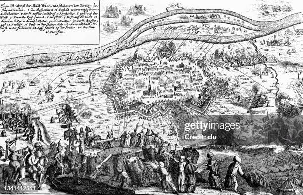 defeat of the ottoman empire in vienna in 1683: shelling of the city by the ottomans - soldier mapping stock illustrations