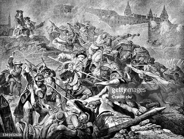 stockillustraties, clipart, cartoons en iconen met defeat of the ottoman empire in vienna in 1683: the turks storm the castle bastei on september 6th - belegering