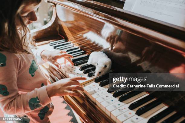 a cute young girl plays the piano with one finger while her pet hamster sits on the piano keys and watches her. - kids instruments stock pictures, royalty-free photos & images