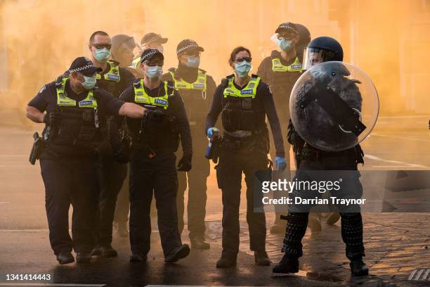 Heavy police presence is seen on Elizabeth Street during a protest at the CFMEU headquarters on September 20, 2021 in Melbourne, Australia. More than...
