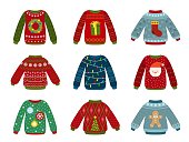 Christmas holiday sweater. Ugly sweaters, xmas jumper. Flat winter warm clothes with festive elements. Isolated new year objects recent vector set