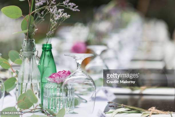 close-up of wedding table decorations. catering service. garden party, summer festival, wedding. catering. - wedding table setting stock-fotos und bilder