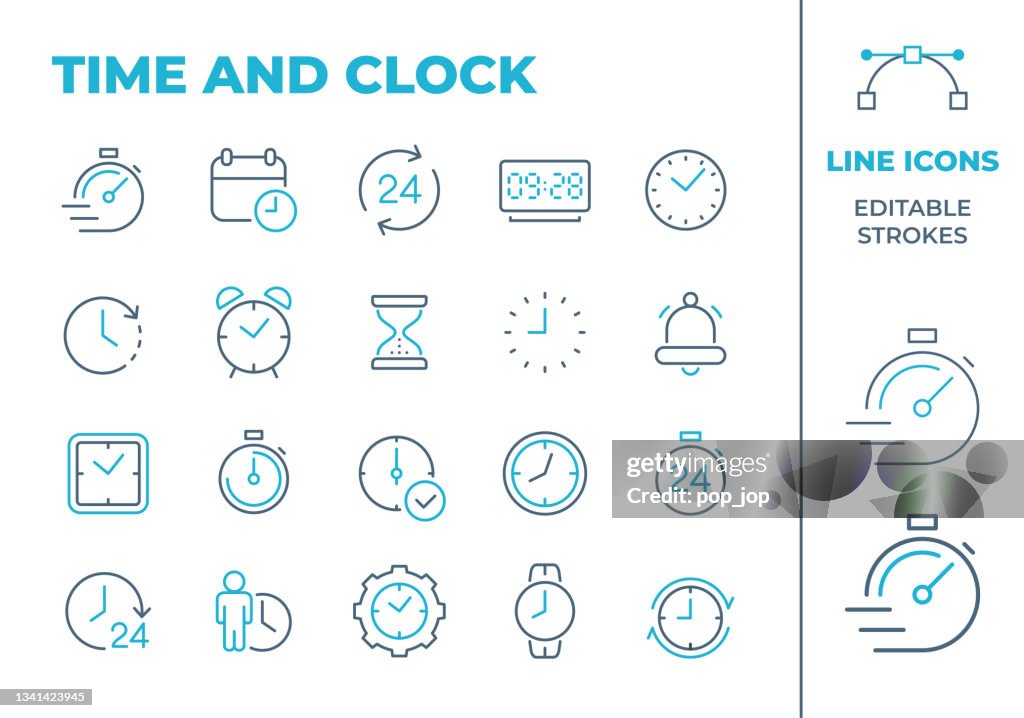 Zeit und Uhr - Zwei farbliche Liniensymbole. Bearbeitbarer Kontur. Vektor-Stock-Illustration