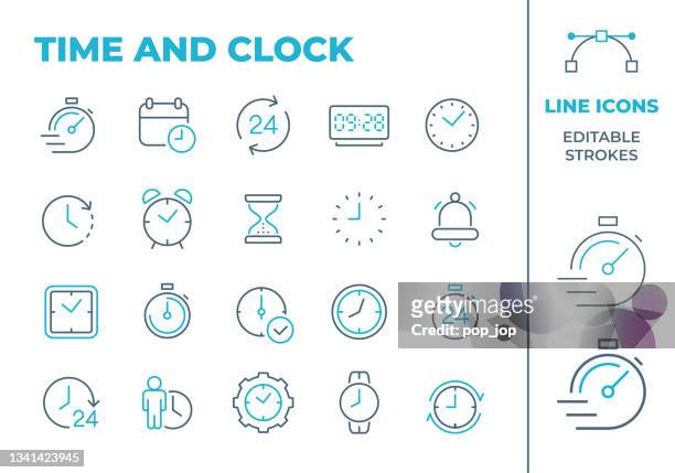 時間と時計 - 2色のラインアイコン。編集可能なストローク。ベクトルストックの図 - 二つ点のイラスト素材／クリップアート素材／マンガ素材／アイコン素材