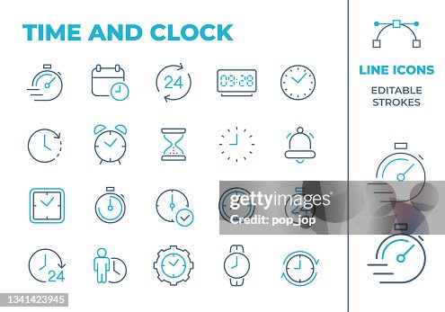 Time and Clock - Two Color Line Icons. Editable Stroke. Vector Stock Illustration Time and Clock - Two Color Line Icons. Editable Stroke. Vector Stock Illustration