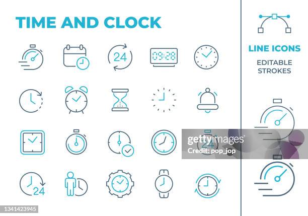 bildbanksillustrationer, clip art samt tecknat material och ikoner med time and clock - two color line icons. editable stroke. vector stock illustration - väckarklocka