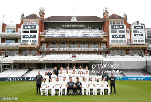 The Surrey team of Bottom row : Ryan Patel, Ollie Pope, Ben Foakes, Rikki Clarke, Alec Stewart, Vikram Solanki, Gareth Batty, Jade Dernbach, Hashim...