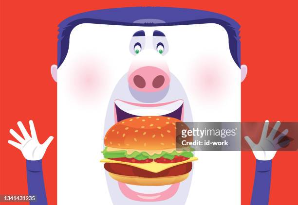 dicker mann isst hamburger und winkt - essstörung stock-grafiken, -clipart, -cartoons und -symbole