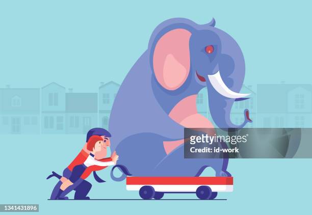 business couple pushing elephant - funny elephant 幅插畫檔、美工圖案、卡通及圖標