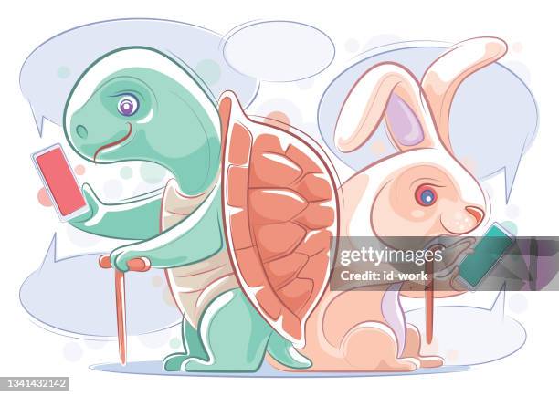 senior tortoise chatting with rabbit via smartphone - senior texting stock illustrations