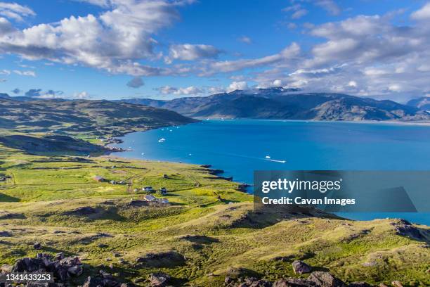 view of fjord, qassiarsuk, greenland - grönland stock-fotos und bilder