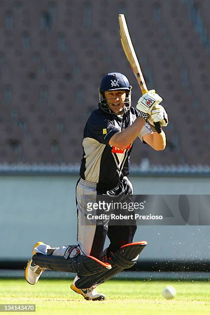 David Hussey of the Bushrangers plays a shot during the Ryobi One Day Cup match between the Victoria Bushrangers and the Tasmania Tigers at Melbourne...