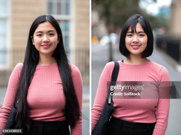 before & after haircut - long stock pictures, royalty-free photos & images
