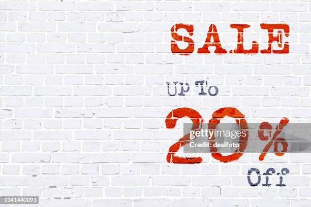 white coloured bricks wall making a rustic horizontal poster with text sale up to twenty percent off painted on the bricks in red colour paint. vector backgrounds with copy space to the left of message upto 20 % off - whitewashed brick stock illustrations