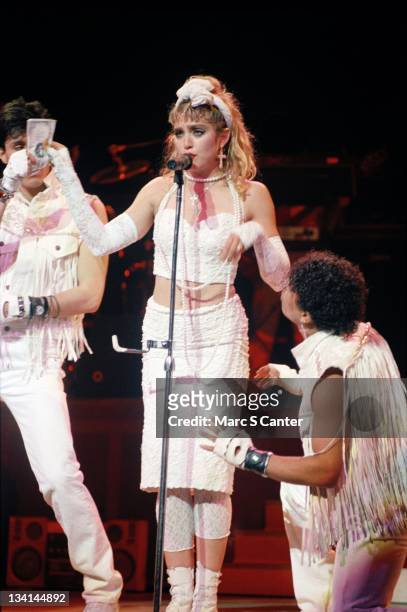 Singer Madonna performs onstage at the Universal Amphitheater on April 27, 1985 for the 'Like A Virgin Tour' in Los Angeles, California.