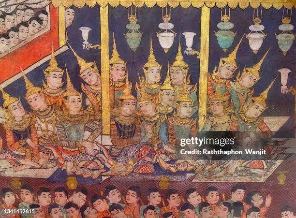 the beauty of ancient thai murals inside the temple. - buddha painting stock pictures, royalty-free photos & images