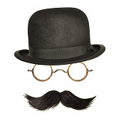 Bowler hat with black curly moustache and glasses isolated on white