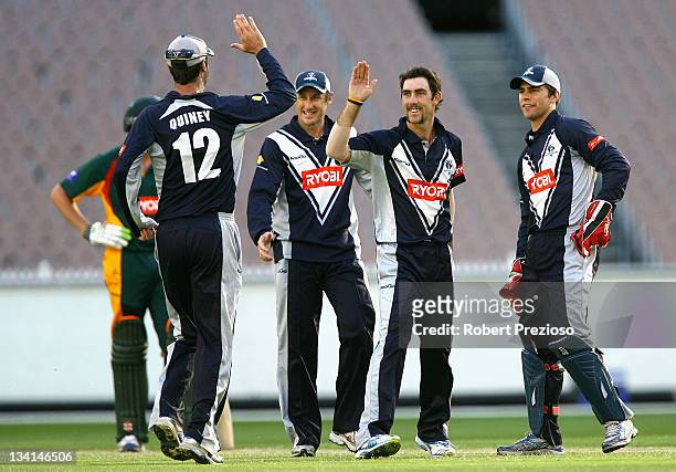 Glenn Maxwell of the Bushrangers celebrates with team-mates after taking a wicket during the Ryobi One Day Cup match between the Victoria Bushrangers...