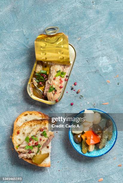 canned mackerel with bread - sardine can foto e immagini stock