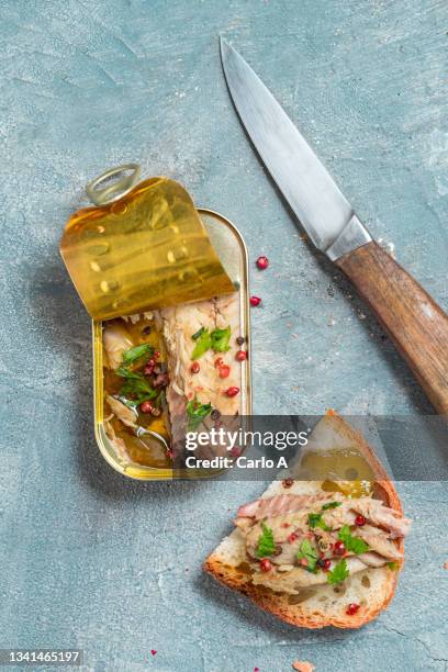 canned mackerel with bread - canned food stock pictures, royalty-free photos & images