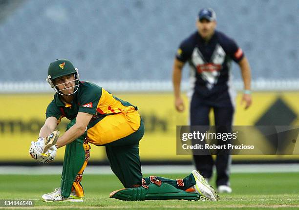 Tom Triffitt of the Tigers plays a shot during the Ryobi One Day Cup match between the Victoria Bushrangers and the Tasmania Tigers at Melbourne...