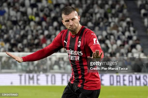 Ante Rebic of AC Milan celebrates after scoring their side's first goal during the Serie A match between Juventus and AC Milan at on September 19,...