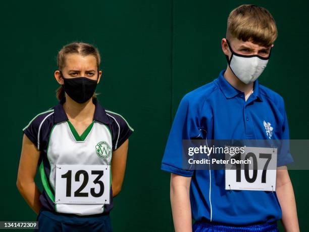 Ball girls and boys in the training and selection programme at the All England Club Community Sports Ground in south London on June 10, 2021 in...