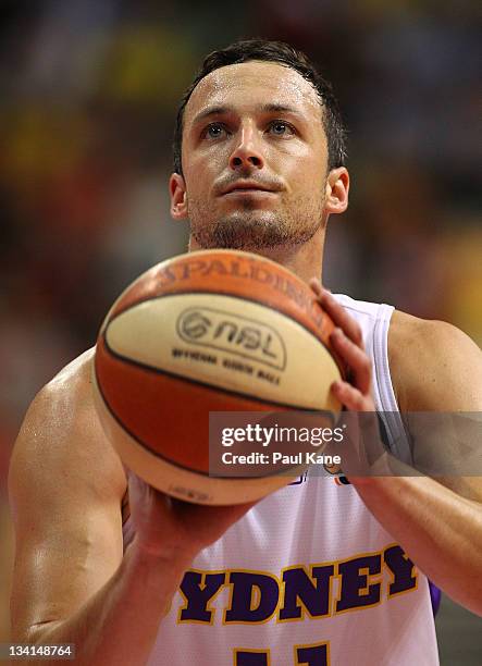 Aaron Bruce of the Kings prepares to shoot a free throw during the round eight NBL match between the Perth Wildcats and the Sydney Kings at Challenge...