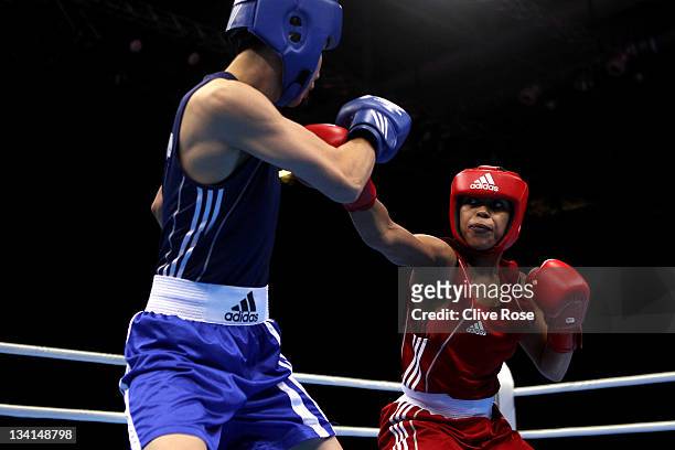 Natasha Jonas of Great Britain in action during her Women's light weight final against Cheng Dong of China during the LOCOG Test Event for London at...