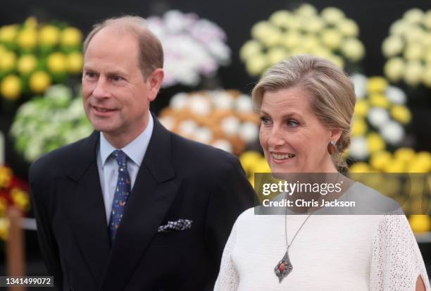 Prince Edward, Earl of Wessex and Sophie Countess of Wessex at the Queen’s Green Canopy Garden, which highlights the importance of trees and...