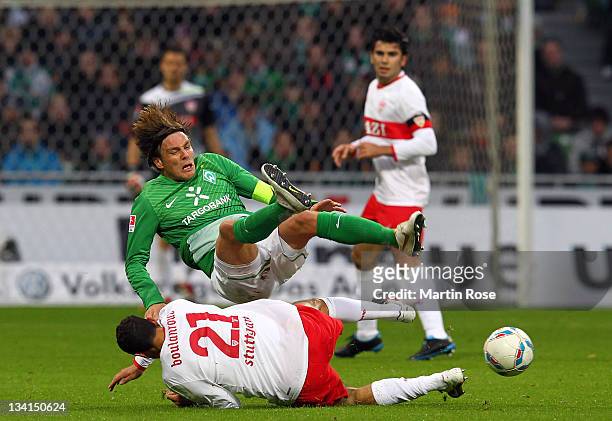Clemens Fritz of Bremen and Khalid Boulahrouz of Stuttgart battle for the ball during the Bundesliga match between Werder Bremen and VfB Stuttgart at...