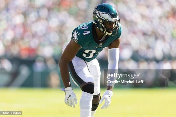 Josh Sweat of the Philadelphia Eagles looks on against the San Francisco 49ers at Lincoln Financial Field on September 19, 2021 in Philadelphia,...