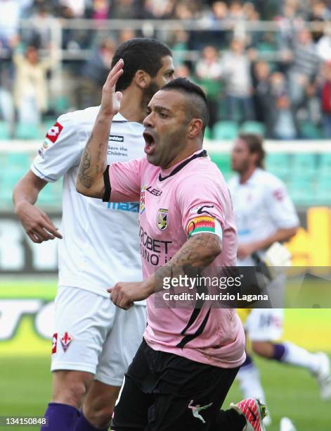 Fabrizio Miccoli of Palermo celebates after scoring the opening goal of the Serie A match between US Citta di Palermo and ACF Fiorentina at Stadio...