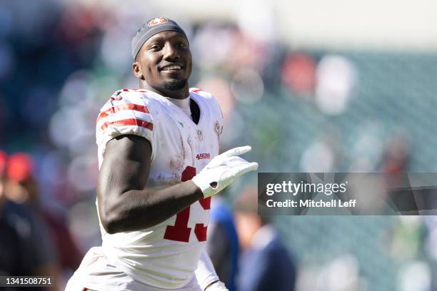 Deebo Samuel of the San Francisco 49ers smiles after the game against the Philadelphia Eagles at Lincoln Financial Field on September 19, 2021 in...