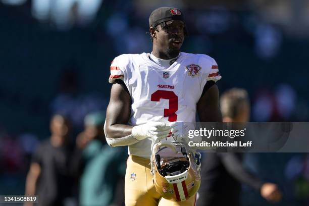 Jaquiski Tartt of the San Francisco 49ers looks on against the Philadelphia Eagles at Lincoln Financial Field on September 19, 2021 in Philadelphia,...