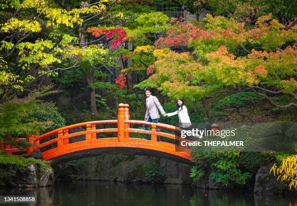 young couple walking over a traditional japanese small bridge - japanese brush stroke stock pictures, royalty-free photos & images