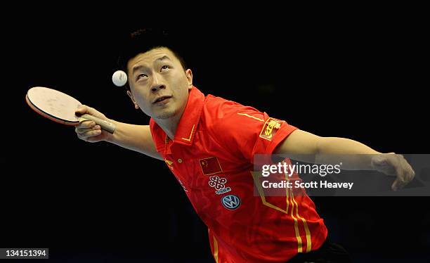 Ma Long of China in action against Wang Hao during the Men's Singles Semi Final match during day four of the ITTF Pro Tour Table Tennis Grand Finals...