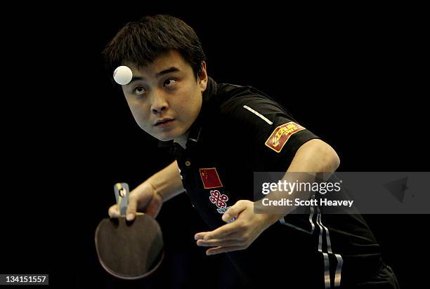 Wang Hao of China in action against Ma Long during the Men's Singles Semi Final match during day four of the ITTF Pro Tour Table Tennis Grand Finals...