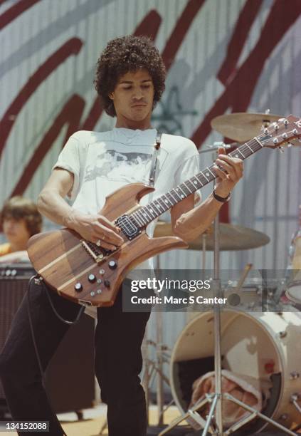 Guitarist Slash plays with his first band 'Tidus Sloan' during lunchtime at Fairfax High School on June 4, 1982 in Los Angeles, California.