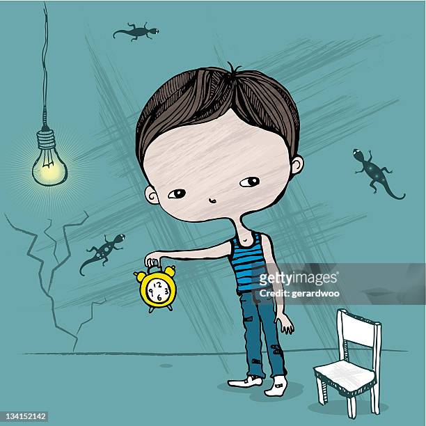 kid holding a clock - child poverty stock illustrations